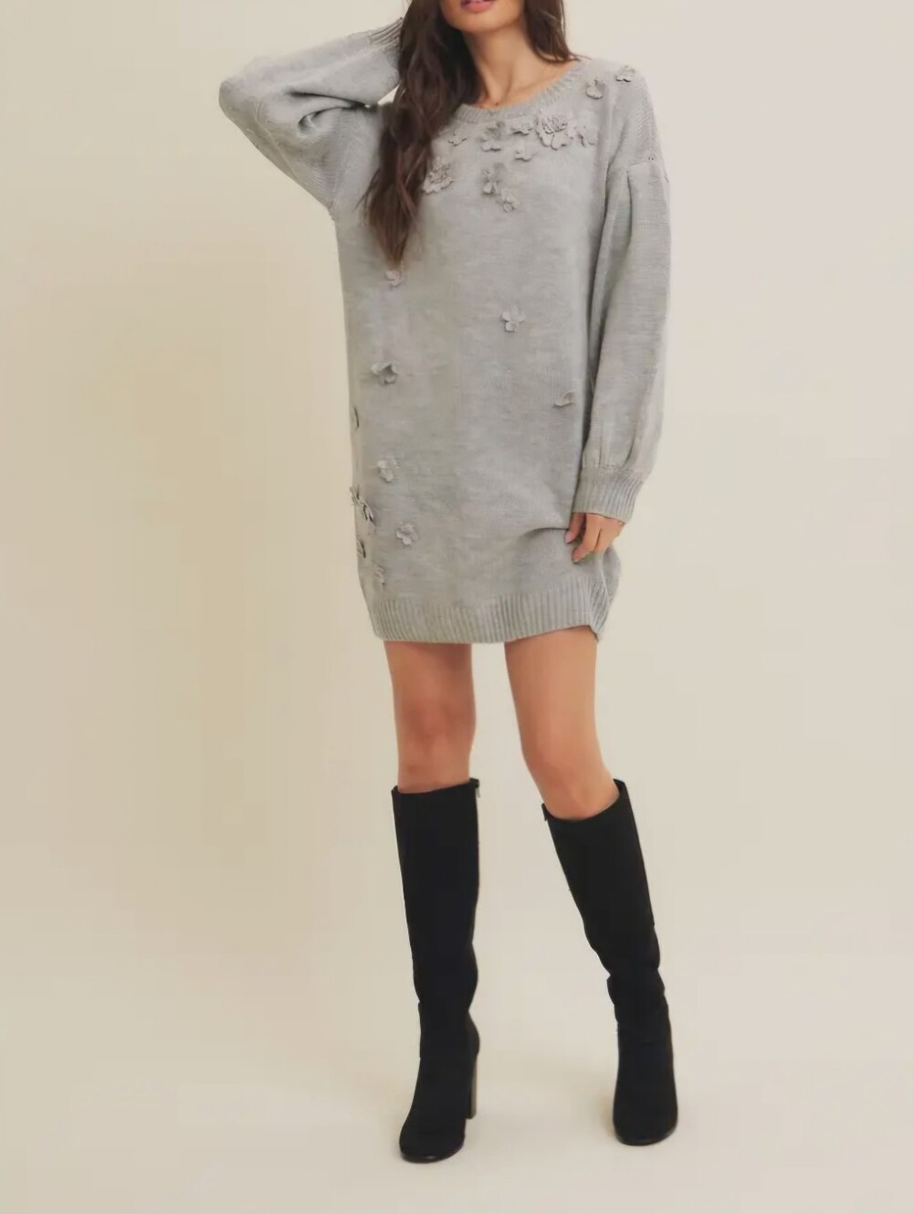 101484 🛑S,M Floral Aplique Relaxed Fit Sweater Dress